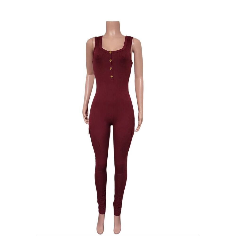 Asa women's crew neck sleeveless ribbed button-up burgundy  jumpsuit knit bodyco